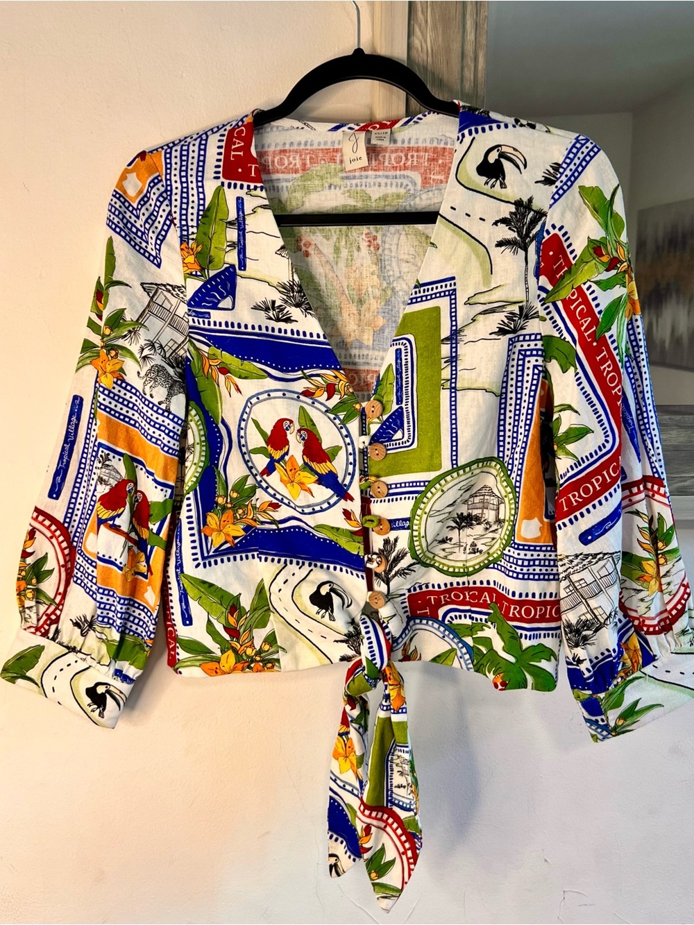 Joie Tropical Tie-Front Blouse — Multicolor Parrot Print